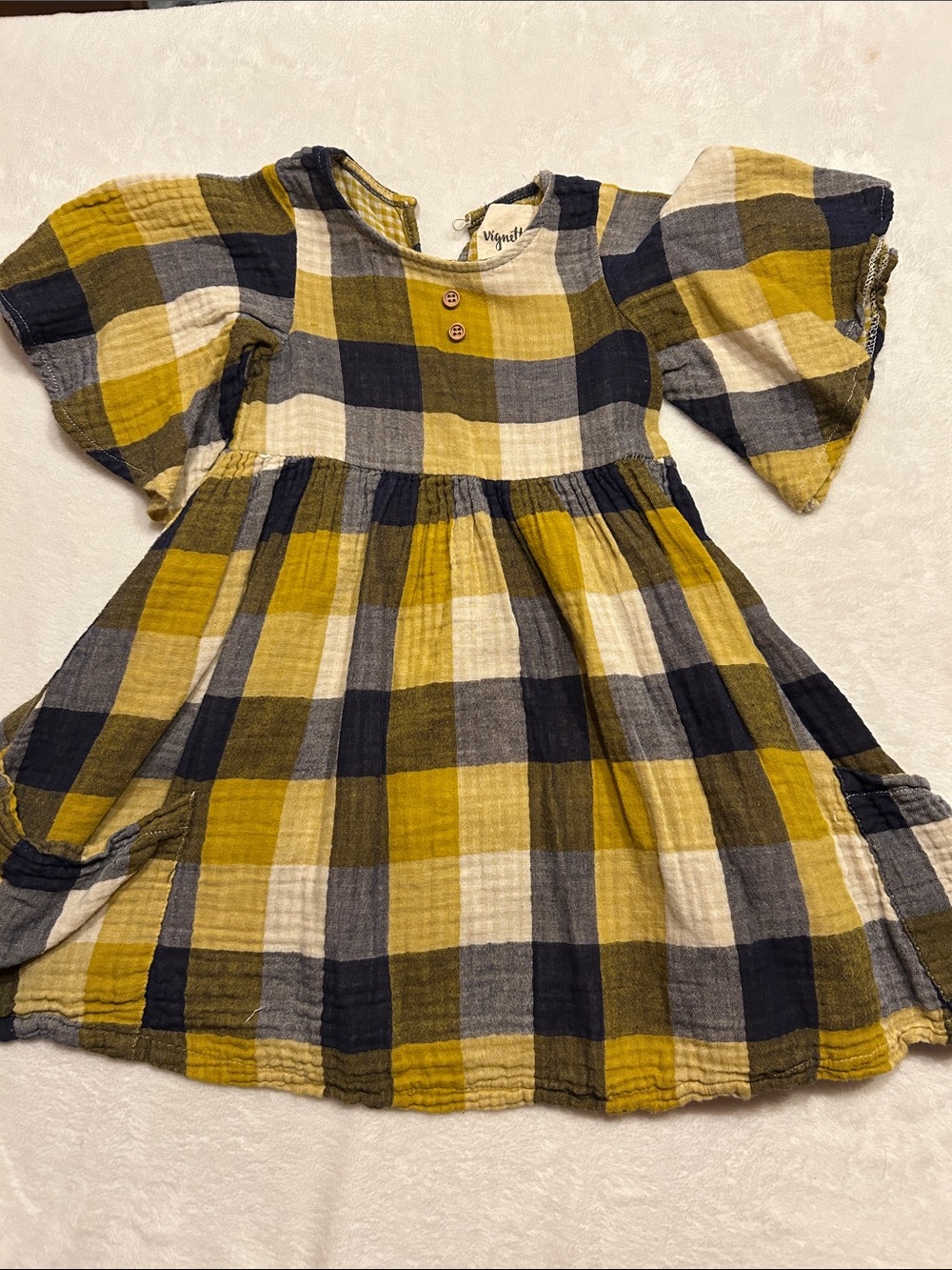 Vignette Girls 4Y woven Plaid A-Line Dress Yellow/White/Blue Pockets Buttons